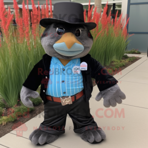Black Marmot mascot costume character dressed with a Flare Jeans and Tie pins