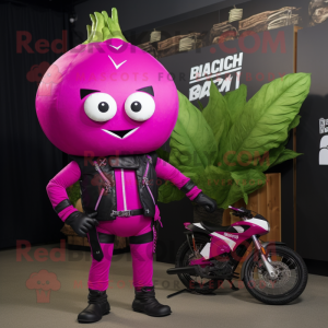 Magenta Radish mascot costume character dressed with a Biker Jacket and Messenger bags