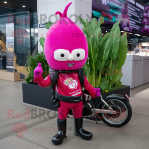 Magenta Radish mascot costume character dressed with a Biker Jacket and Messenger bags