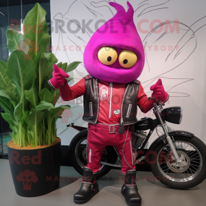 Magenta Radish mascot costume character dressed with a Biker Jacket and Messenger bags