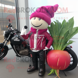 Magenta Radish mascot costume character dressed with a Biker Jacket and Messenger bags