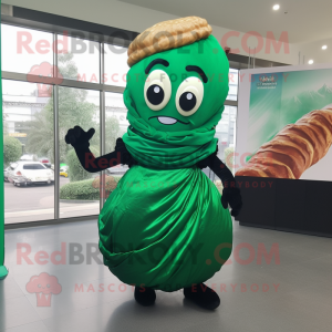 Forest Green Croissant mascot costume character dressed with a Evening Gown and Keychains