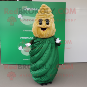 Forest Green Croissant mascot costume character dressed with a Evening Gown and Keychains