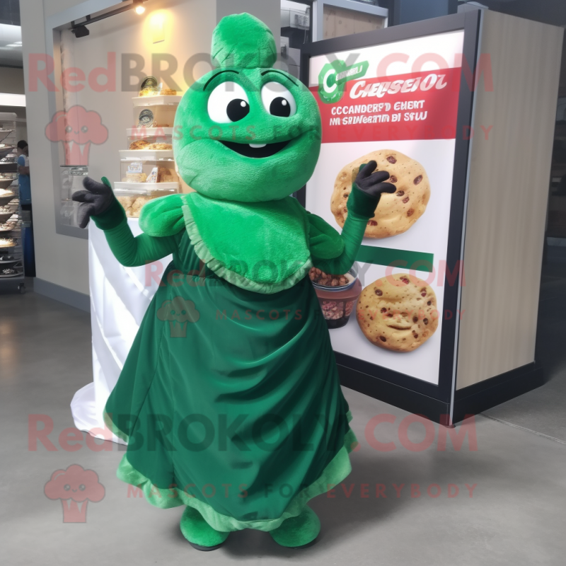 Forest Green Croissant mascot costume character dressed with a Evening Gown and Keychains Forest Green Croissant mascot costume character dressed with a Evening Gown and Keychains