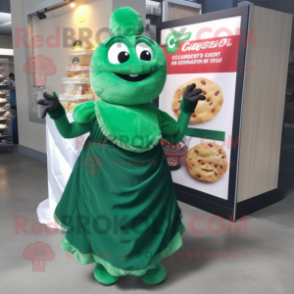 Forest Green Croissant mascot costume character dressed with a Evening Gown and Keychains