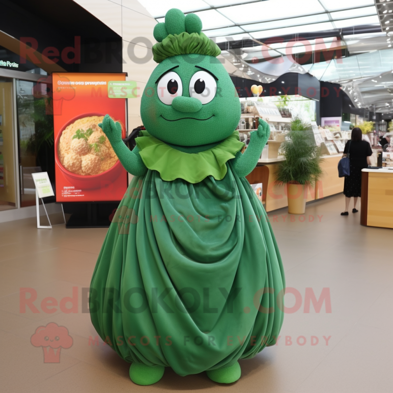 Forest Green Croissant mascot costume character dressed with a Evening Gown and Keychains