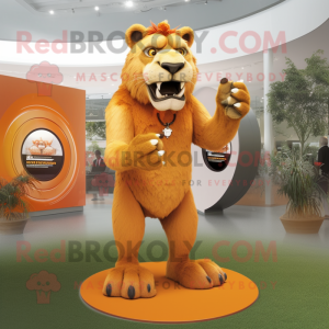 Orange Smilodon mascot costume character dressed with a Dress Shirt and Rings