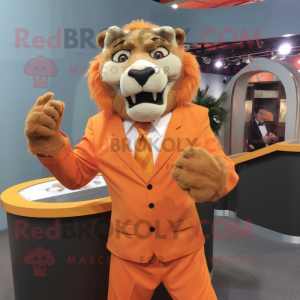 Orange Smilodon mascot costume character dressed with a Dress Shirt and Rings