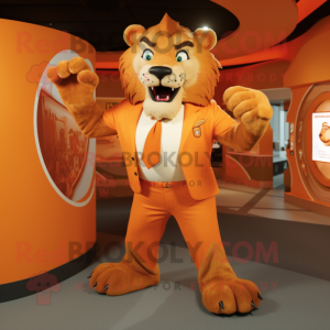 Orange Smilodon mascot costume character dressed with a Dress Shirt and Rings