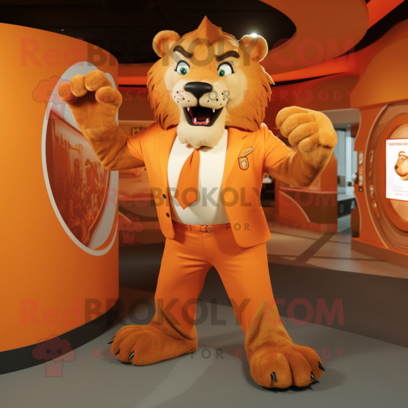 Orange Smilodon mascot costume character dressed with a Dress Shirt and Rings Orange Smilodon mascot costume character dressed with a Dress Shirt and Rings