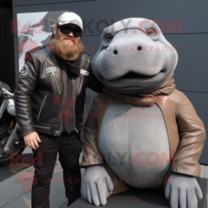 Gray Walrus mascot costume character dressed with a Biker Jacket and Wraps