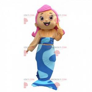 Mascotte de sirène avec une queue bleue et une chevelure rose -
