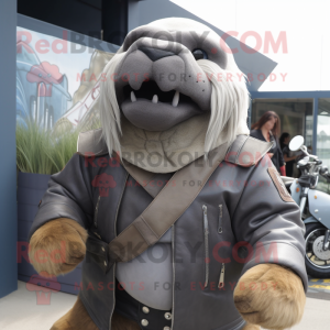 Gray Walrus mascot costume character dressed with a Biker Jacket and Wraps