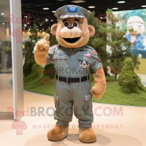Beige Air Force Soldier mascot costume character dressed with a Denim Shorts and Belts
