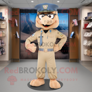 Beige Air Force Soldier mascot costume character dressed with a Denim Shorts and Belts