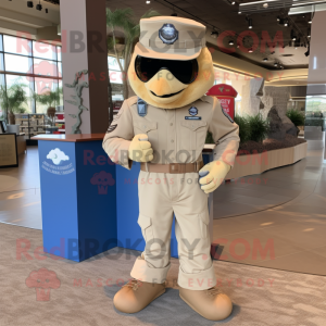 Beige Air Force Soldier mascot costume character dressed with a Denim Shorts and Belts