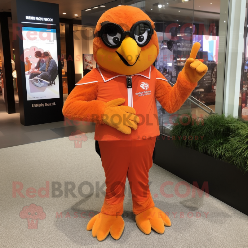 Orange Falcon mascot costume character dressed with a Jumpsuit and Bracelet watches