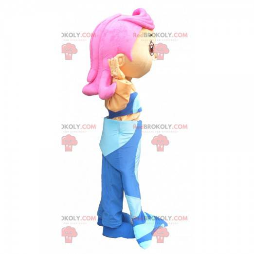 Mascotte de sirène avec une queue bleue et une chevelure rose -