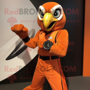 Orange Falcon mascot costume character dressed with a Jumpsuit and Bracelet watches