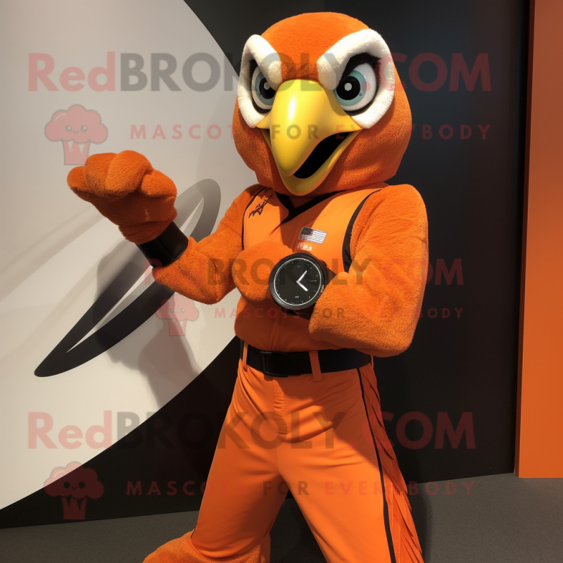 Orange Falcon mascot costume character dressed with a Jumpsuit and Bracelet watches Orange Falcon mascot costume character dressed with a Jumpsuit and Bracelet watches