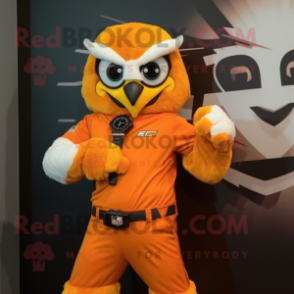 Orange Falcon mascot costume character dressed with a Jumpsuit and Bracelet watches