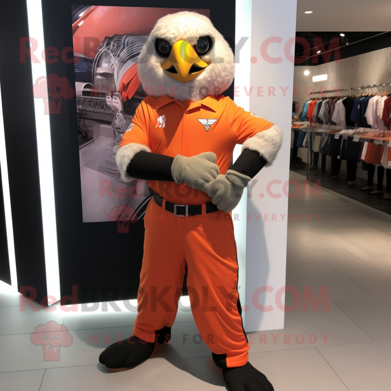 Orange Falcon mascot costume character dressed with a Jumpsuit and Bracelet watches Orange Falcon mascot costume character dressed with a Jumpsuit and Bracelet watches