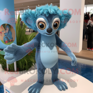 Sky Blue Lemur mascot costume character dressed with a One-Piece Swimsuit and Anklets