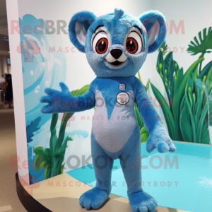 Sky Blue Lemur mascot costume character dressed with a One-Piece Swimsuit and Anklets