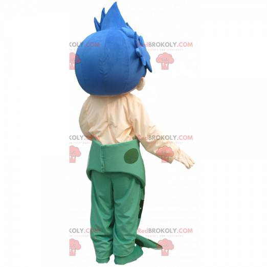 Mermaid man mascot with a blue tail and green hair -