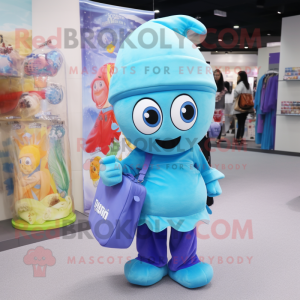 Sky Blue Mermaid mascot costume character dressed with a Hoodie and Messenger bags