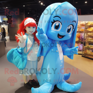 Sky Blue Mermaid mascot costume character dressed with a Hoodie and Messenger bags