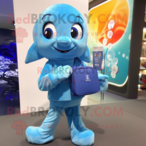 Sky Blue Mermaid mascot costume character dressed with a Hoodie and Messenger bags