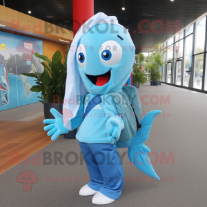 Sky Blue Mermaid mascot costume character dressed with a Hoodie and Messenger bags