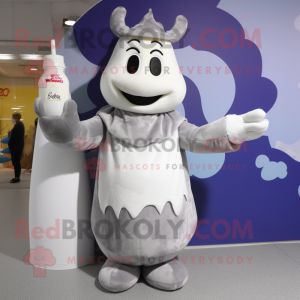 Gray Bottle Of Milk mascot costume character dressed with a Midi Dress and Mittens