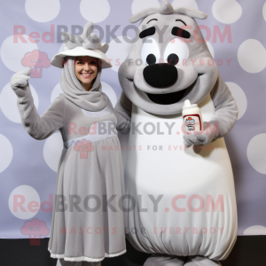 Gray Bottle Of Milk mascot costume character dressed with a Midi Dress and Mittens