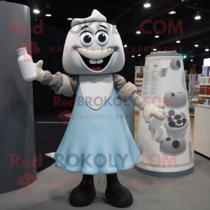 Gray Bottle Of Milk mascot costume character dressed with a Midi Dress and Mittens
