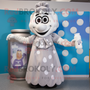 Gray Bottle Of Milk mascot costume character dressed with a Midi Dress and Mittens