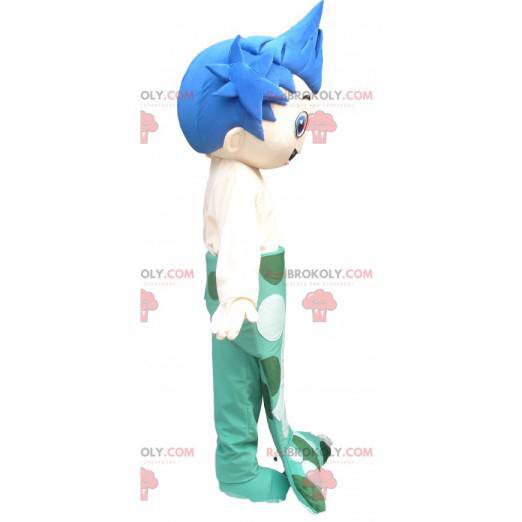 Mermaid man mascot with a blue tail and green hair -