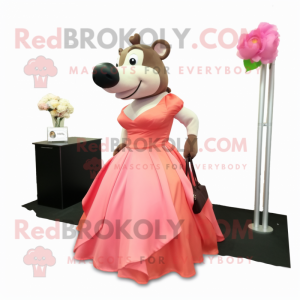 Peach Tapir mascot costume character dressed with a Ball Gown and Briefcases