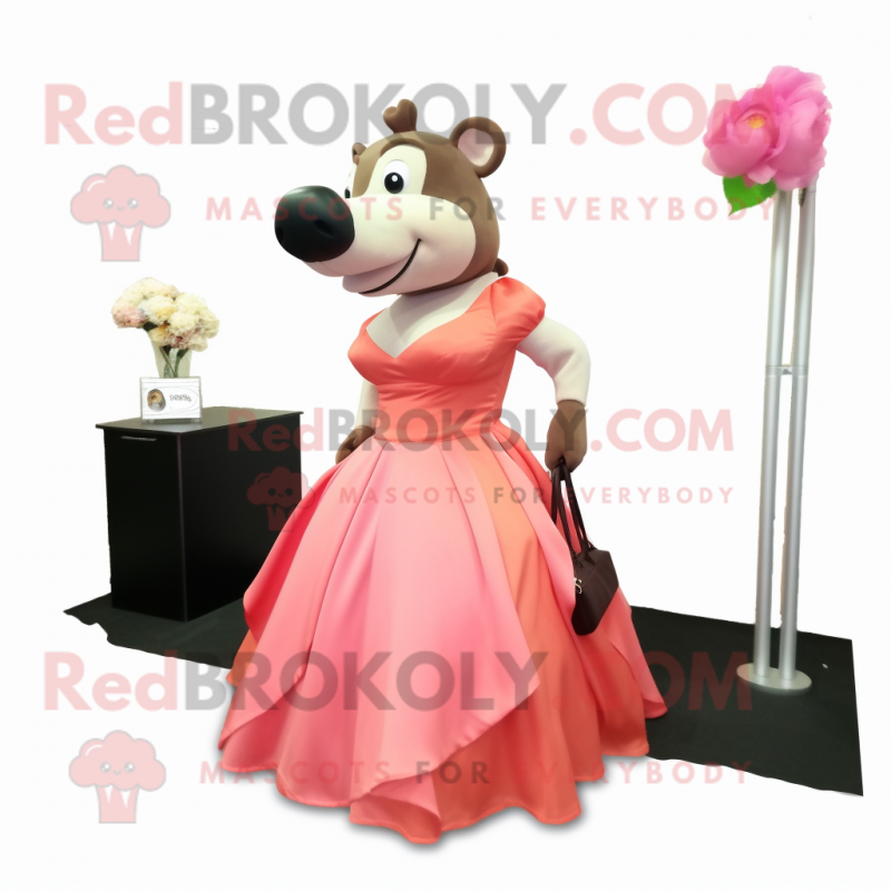 Peach Tapir mascot costume character dressed with a Ball Gown and Briefcases