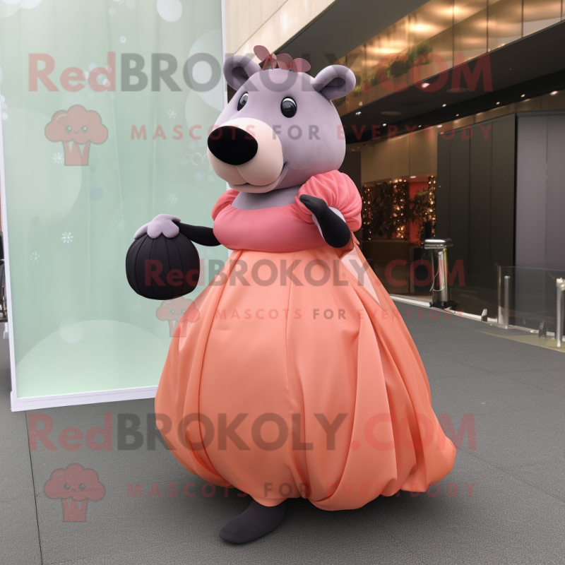 Peach Tapir mascot costume character dressed with a Ball Gown and Briefcases