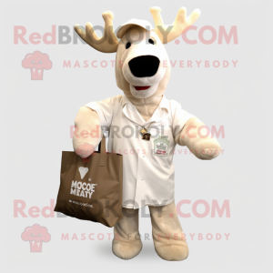 Cream Moose mascot costume character dressed with a V-Neck Tee and Tote bags