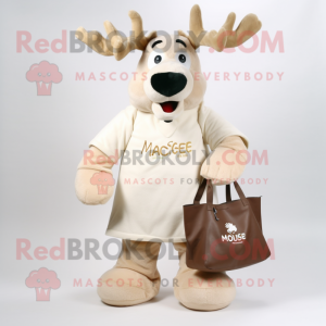 Cream Moose mascot costume character dressed with a V-Neck Tee and Tote bags