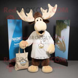 Cream Moose mascot costume character dressed with a V-Neck Tee and Tote bags