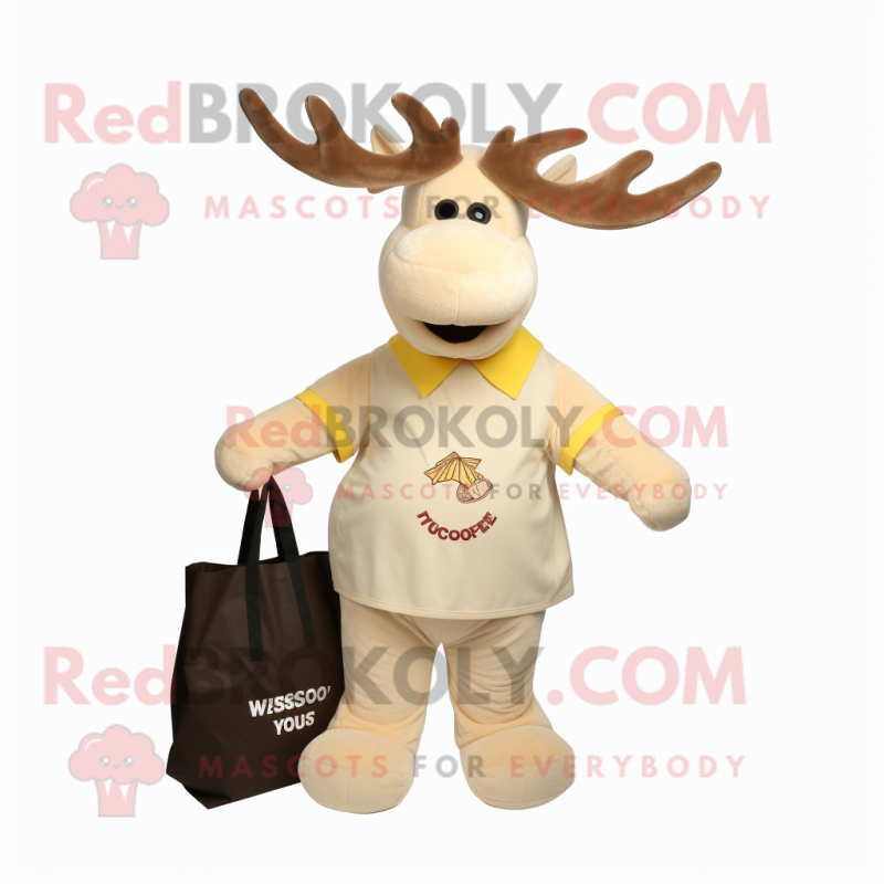 Cream Moose mascot costume character dressed with a V-Neck Tee and Tote bags