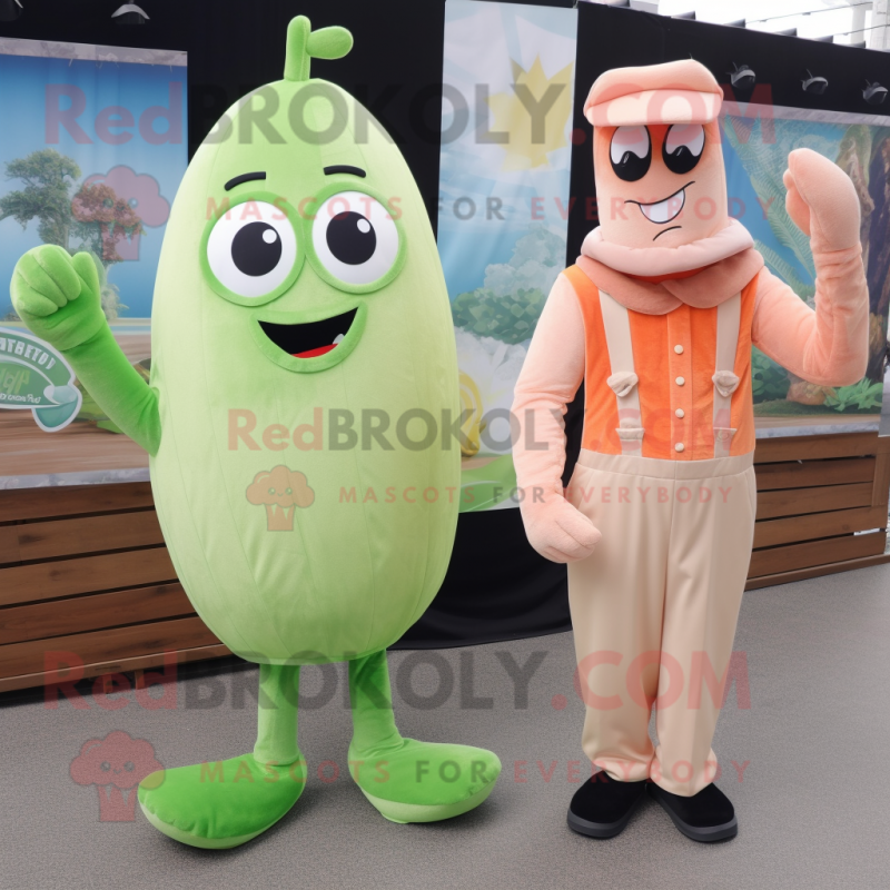 Peach Celery mascot costume character dressed with a Overalls and Pocket squares Peach Celery mascot costume character dressed with a Overalls and Pocket squares