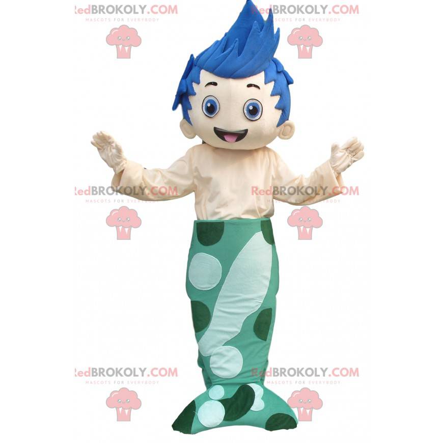 Mermaid man mascot with a blue tail and green hair -