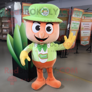 Peach Celery mascot costume character dressed with a Overalls and Pocket squares