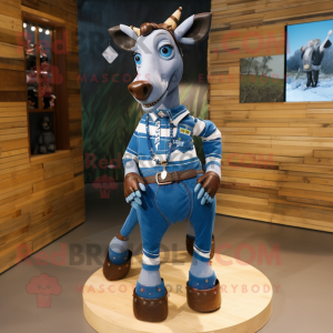Blue Okapi mascot costume character dressed with a Denim Shorts and Belts