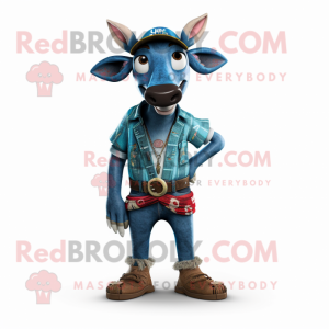 Blue Okapi mascot costume character dressed with a Denim Shorts and Belts